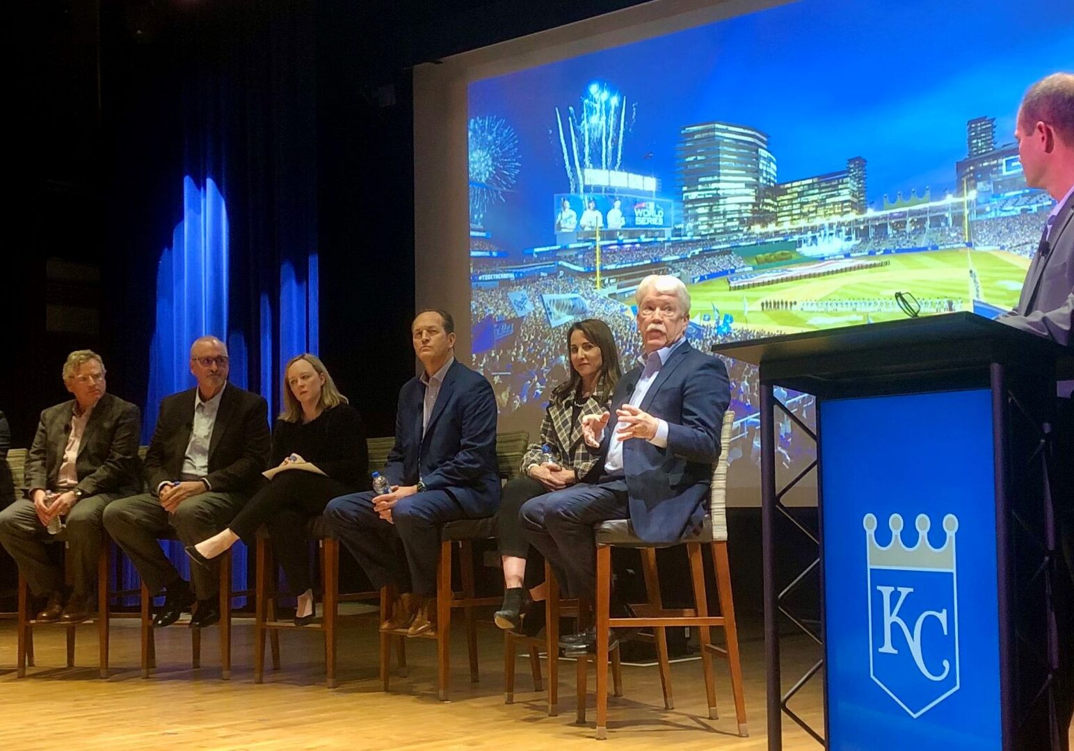 Royals owner John Sherman answers a question during the Royals first hearing at a downtown ballpark at the Westport Plexpod.
