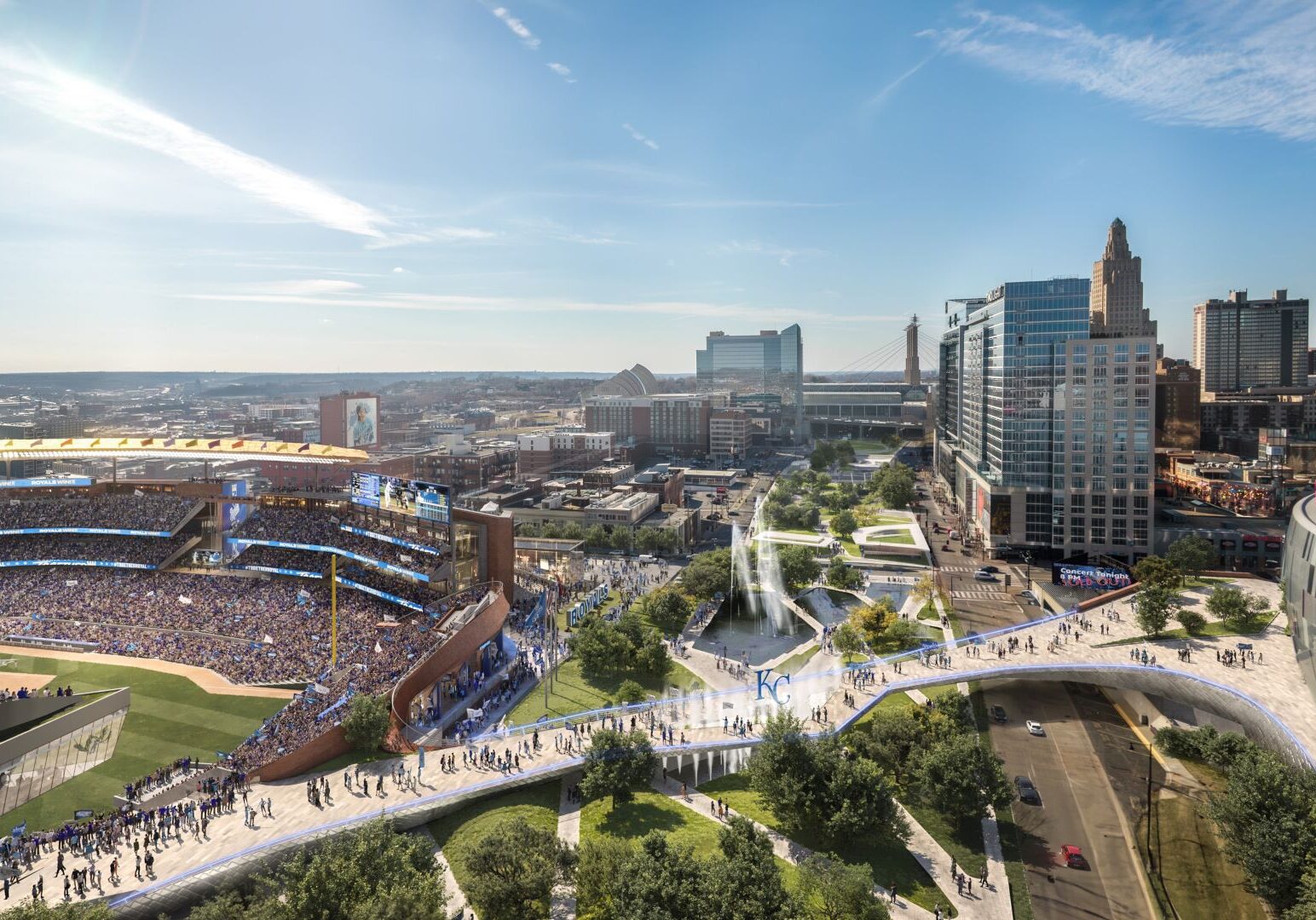 A view looking west from the proposed Kansas City Royals ballpark that includes a proposed park atop the south side of the downtown freeway loop.
