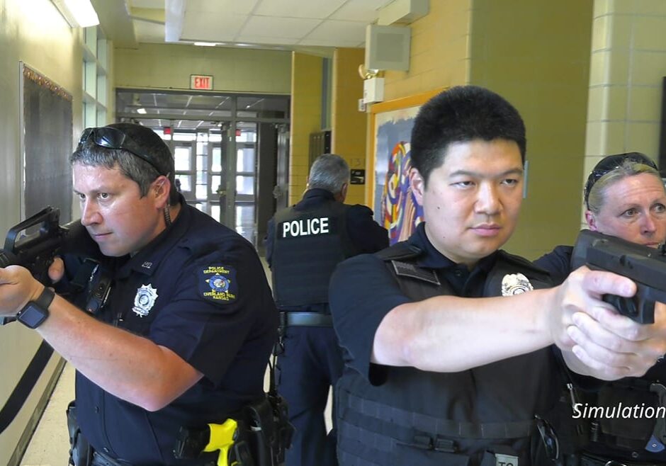 police in active shooter drill in a school
