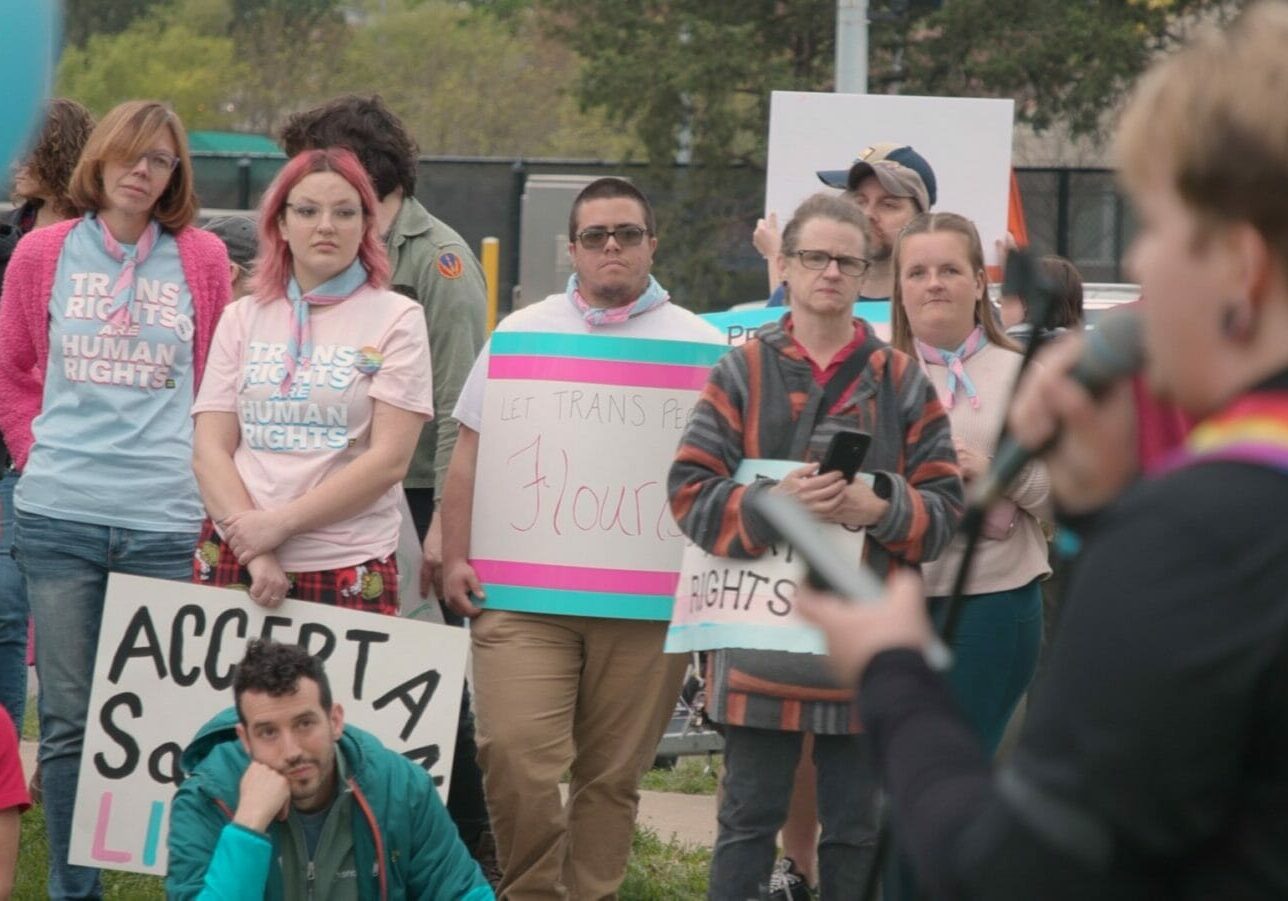 Kansas Citians protesting anti-transgender legislation in Missouri and Kansas.