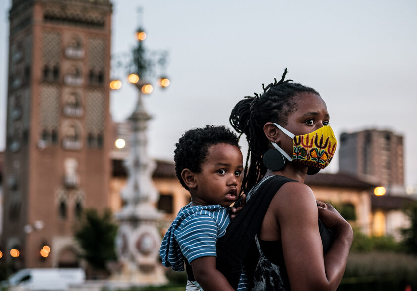 Sandy Thornhill is a working mom, an entreprenuer and doula in Kansas City. Childcare access has been an issue, she said, so she's had to pivot. Photo by Daniel Videtich during the 2020 Kansas City George Floyd protest. (Contributed)