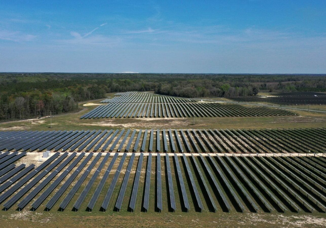 An aerial view of the Florida Power & Light Echo River Solar Energy Center in Wellborn, Florida.