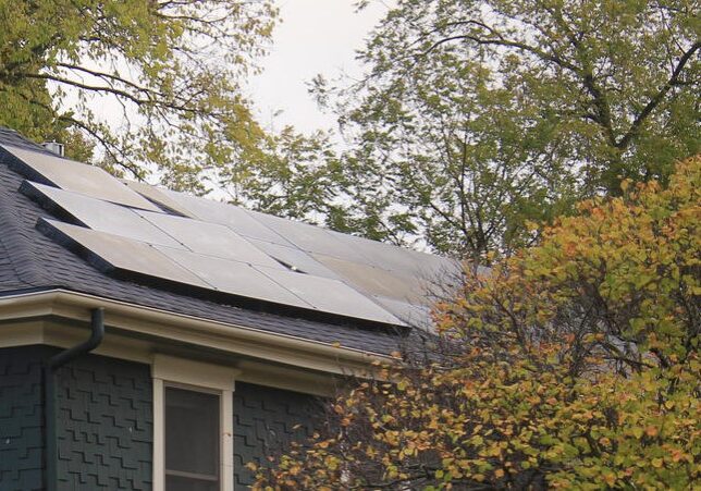 Solar panels on the roof of a home in Lawrence, Kansas.