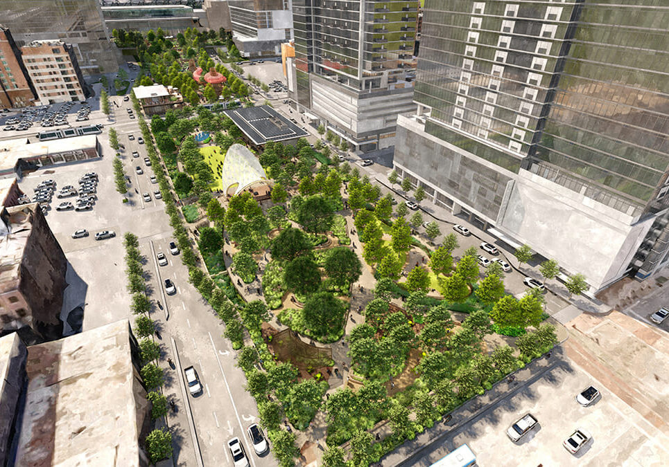 A rendering of the new option for a South Loop Link park that calls for a 'double superblock' that would close Walnut and Baltimore.