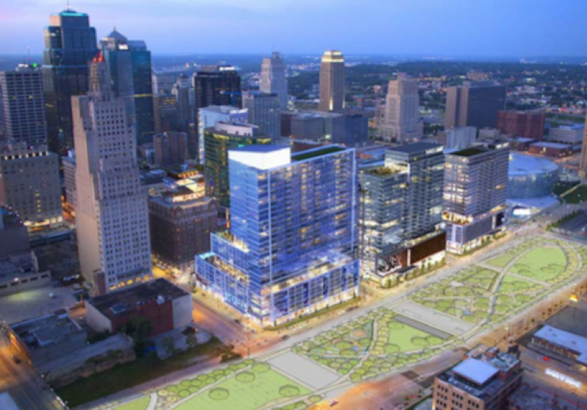 Rendering of a park above the South Loop with the downtown skyline in the background.