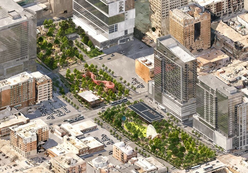 A new rendering of the proposed South Loop Link park that would cover a four-block stretch of I-670 from Wyandotte to Grand was presented at a briefing this week. This is the eastern superblock option that would close Walnut Street.