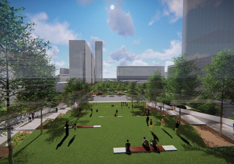 Renderings of the South Loop to cap I-670 downtown show expansive green space.