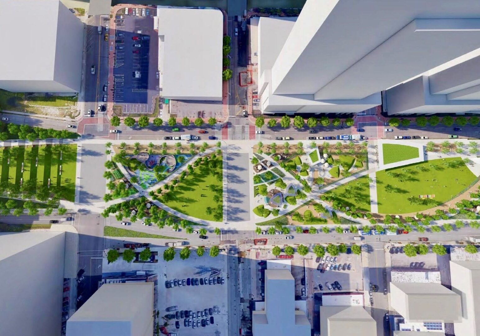 Aerial view of a conceptual rendering of the South Loop Link Park.