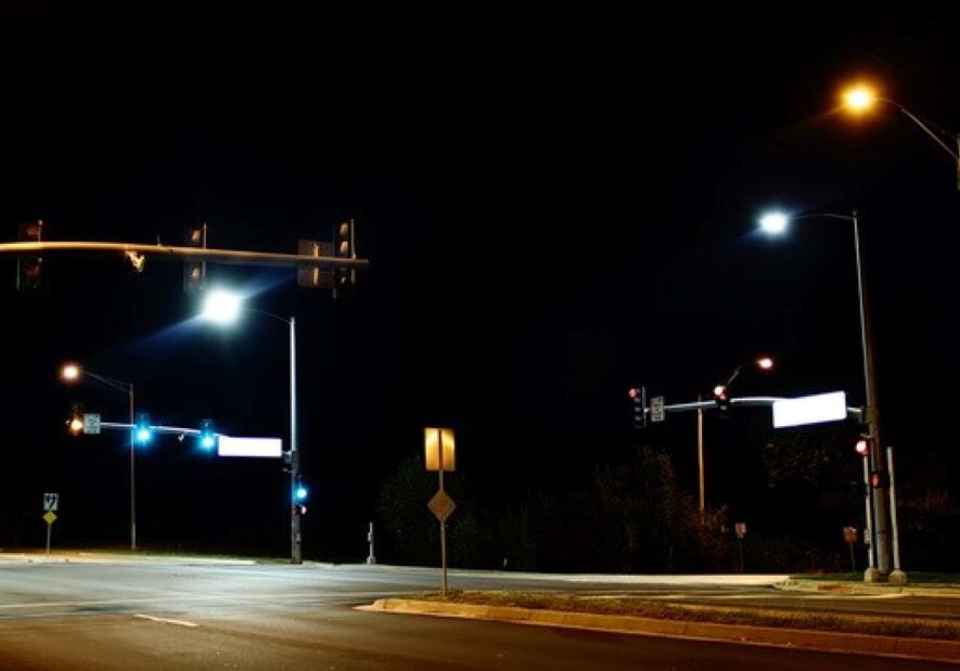 LED and traditional streetlights at a Kansas City intersection.