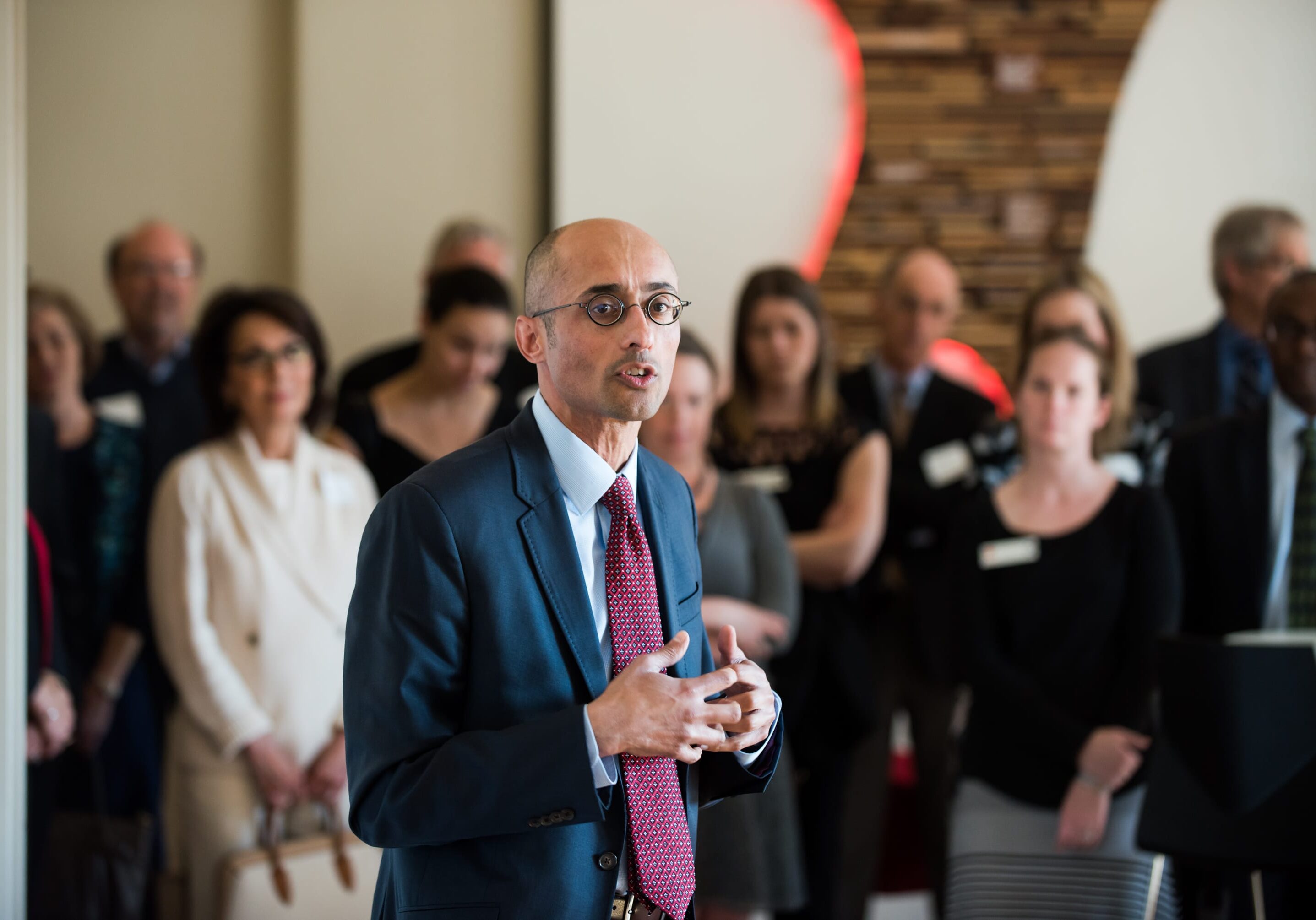 Awais Sufi, CEO of SchoolSmartKC, a new education nonprofit in Kansas City, Missouri, addresses the audience at its launch event earlier this month. (Courtesy | SchoolSmartKC)