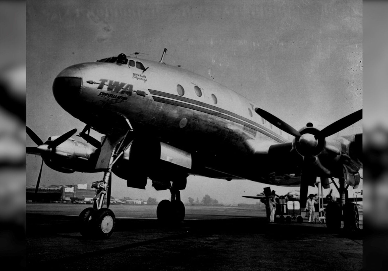 A view of Trans World Airlines' L-049A Constellation Navajo Skychief parked at Kansas City Downtown Municipal Airport.