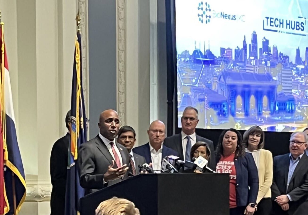 Kansas City Mayor Quinton Lucas speaks at Union Station in Kansas City during a ceremonial Tech Hubs announcement.