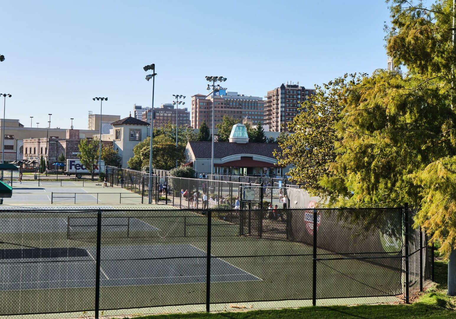 A southerly view of the Plaza Tennis Center at the eastern edge of the Country Club Plaza.