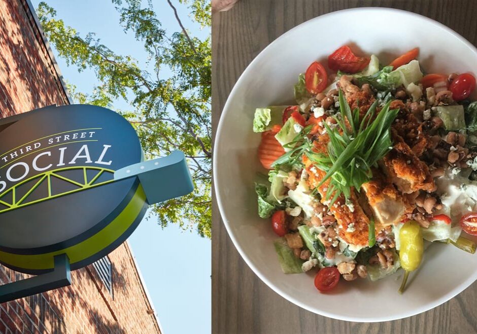 A sign and hot chicken salad.