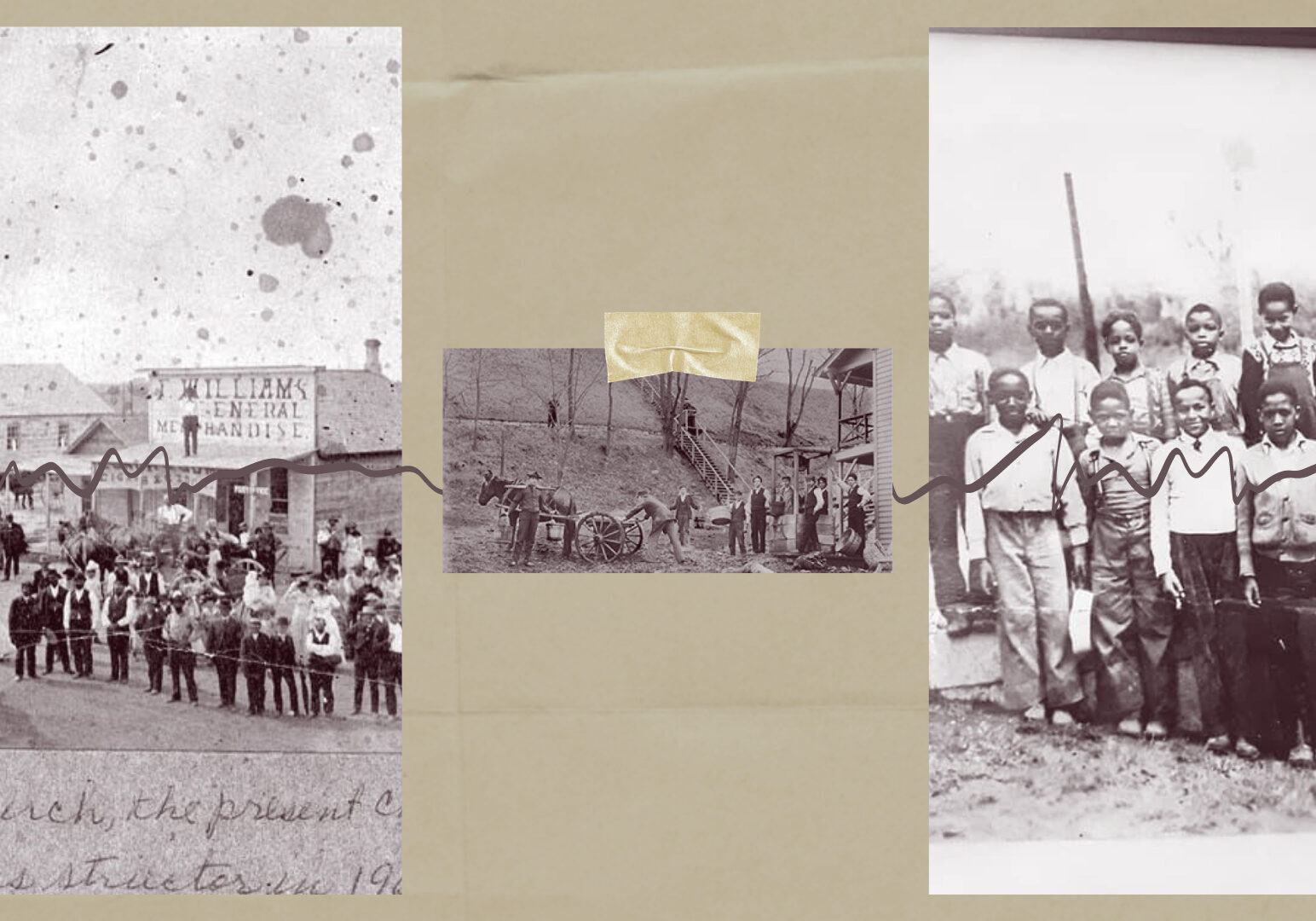 Archival photos are laid on a tan piece of paper, denoting how our journalist traced down the history of Parkville.