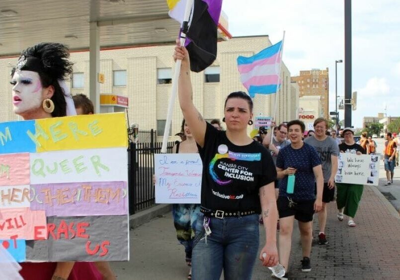 Dozens marched down Broadway for Kansas City's first trans pride march in June 2019.