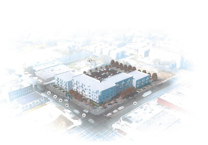 Aerial rendering of Linwood and Troost apartment project
