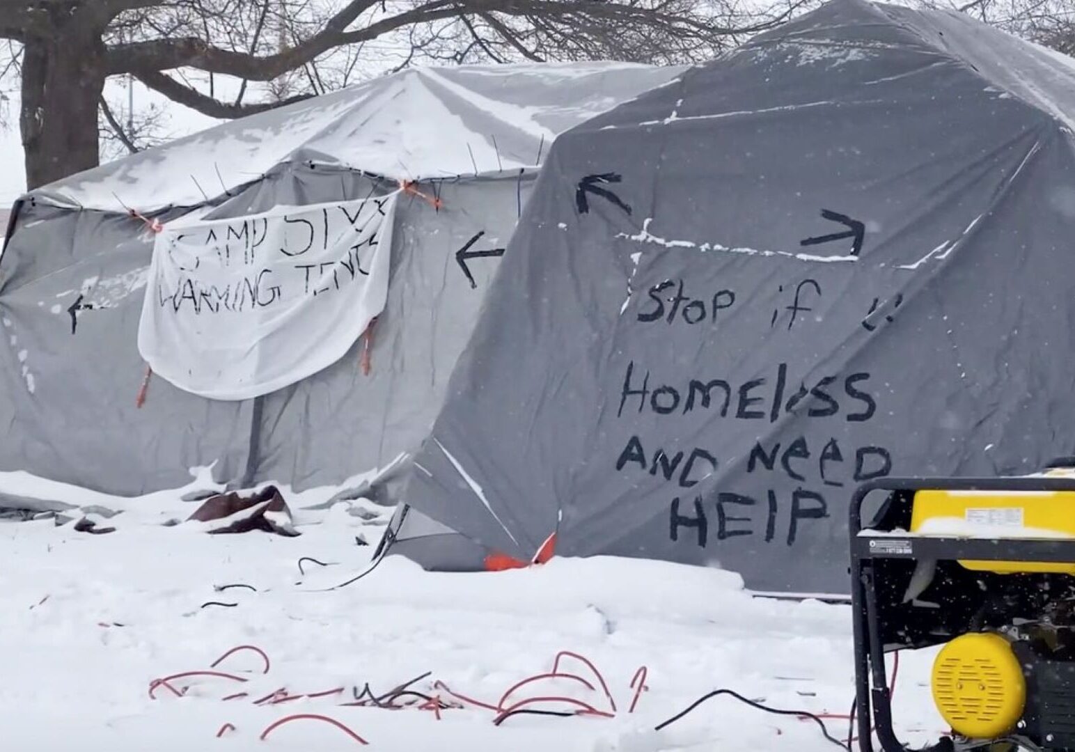 Warming tents at a homeless encampment in Kansas City.