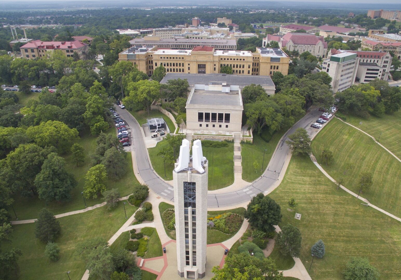 An aerial photo shows the University of Kansas in Lawrence, Kansas.