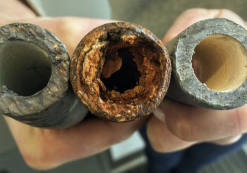 An individual holds a lead pipe, a steel pipe and a lead pipe treated with protective orthophosphate.