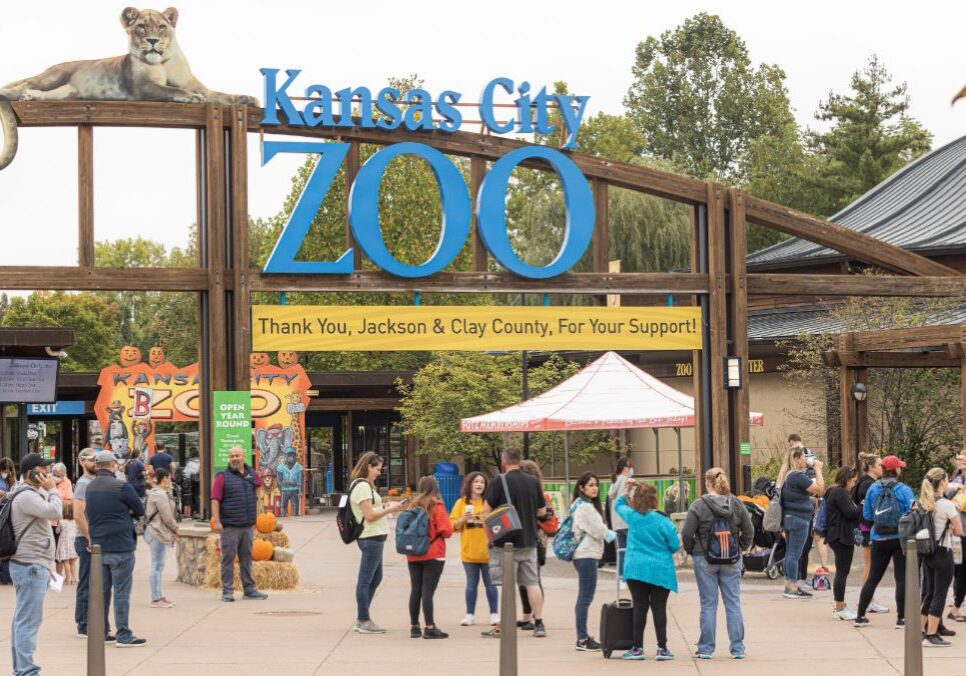 Visitors line up at the entrance of the Kansas City Zoo.