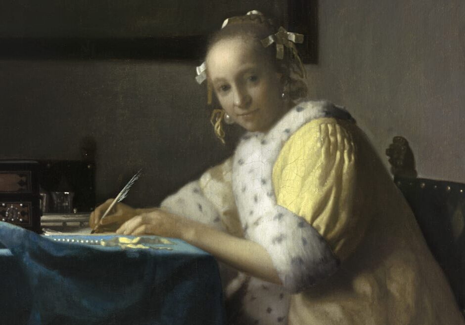 Johannes Vermeer, Dutch (1632–1675). A Lady Writing, c. 1665. Oil on canvas, 17 11/16 x 15 11/16 inches. National Gallery of Art, Washington, Gift of Harry Waldron Havemeyer and Horace Havemeyer, Jr., in memory of their father, Horace Havemeyer, 1962.10.1.