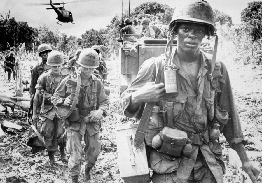 Soldiers heading out on a search and destroy mission during the Vietnam War.