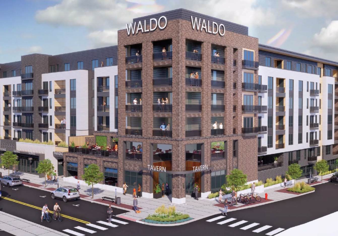 Rendering of a proposed 300-unit apartment project would replace The Well restaurant and transform the scale and nature of the Waldo entertainment area.