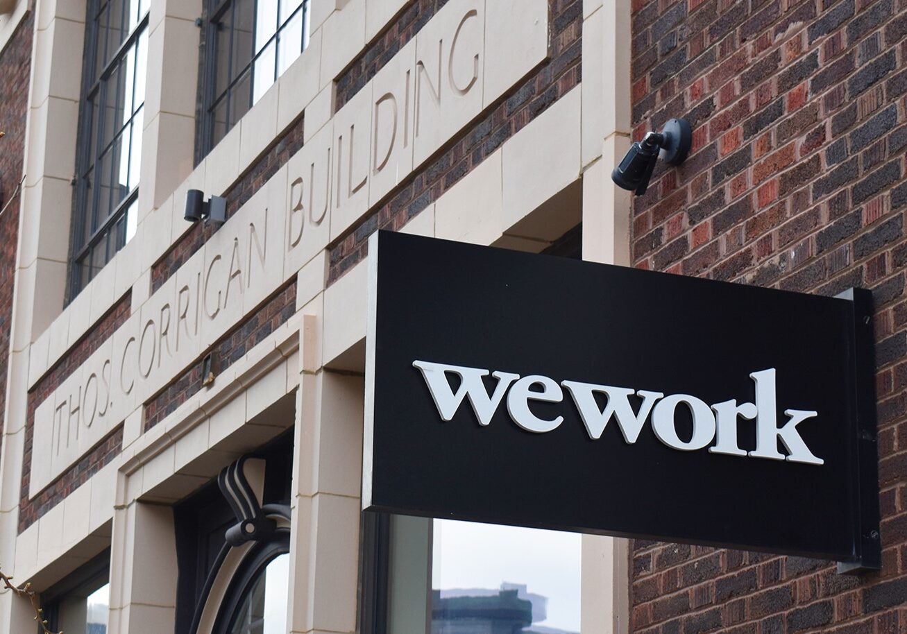WeWork sign at Corrigan Station in the Crossroads.