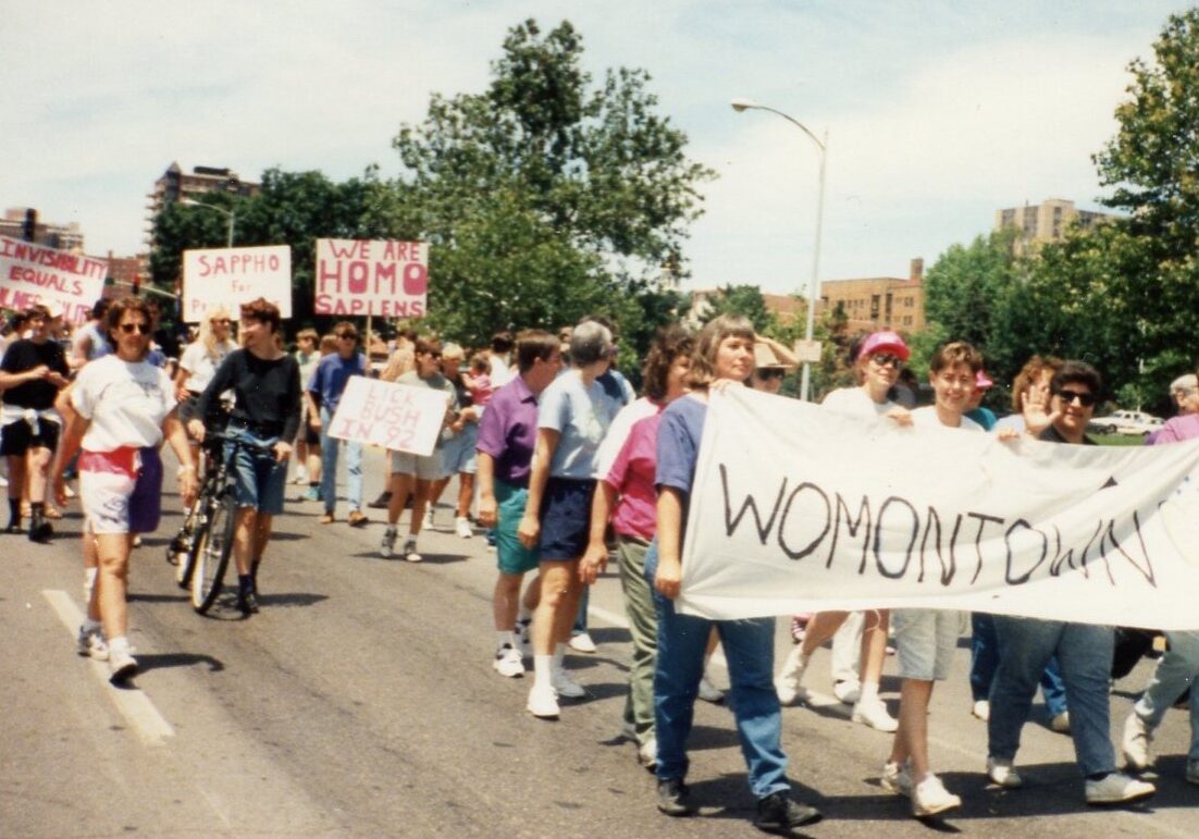 The womyn of the newly formed Womontown march in the 1989 Kansas City Pride Parade.