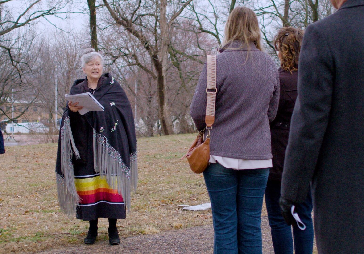 Judith Manthe, principal chief of the Wyandot Nation of Kansas, speaks to a group at the Huron Indian Cemetery in downtown Kansas City, Kansas.