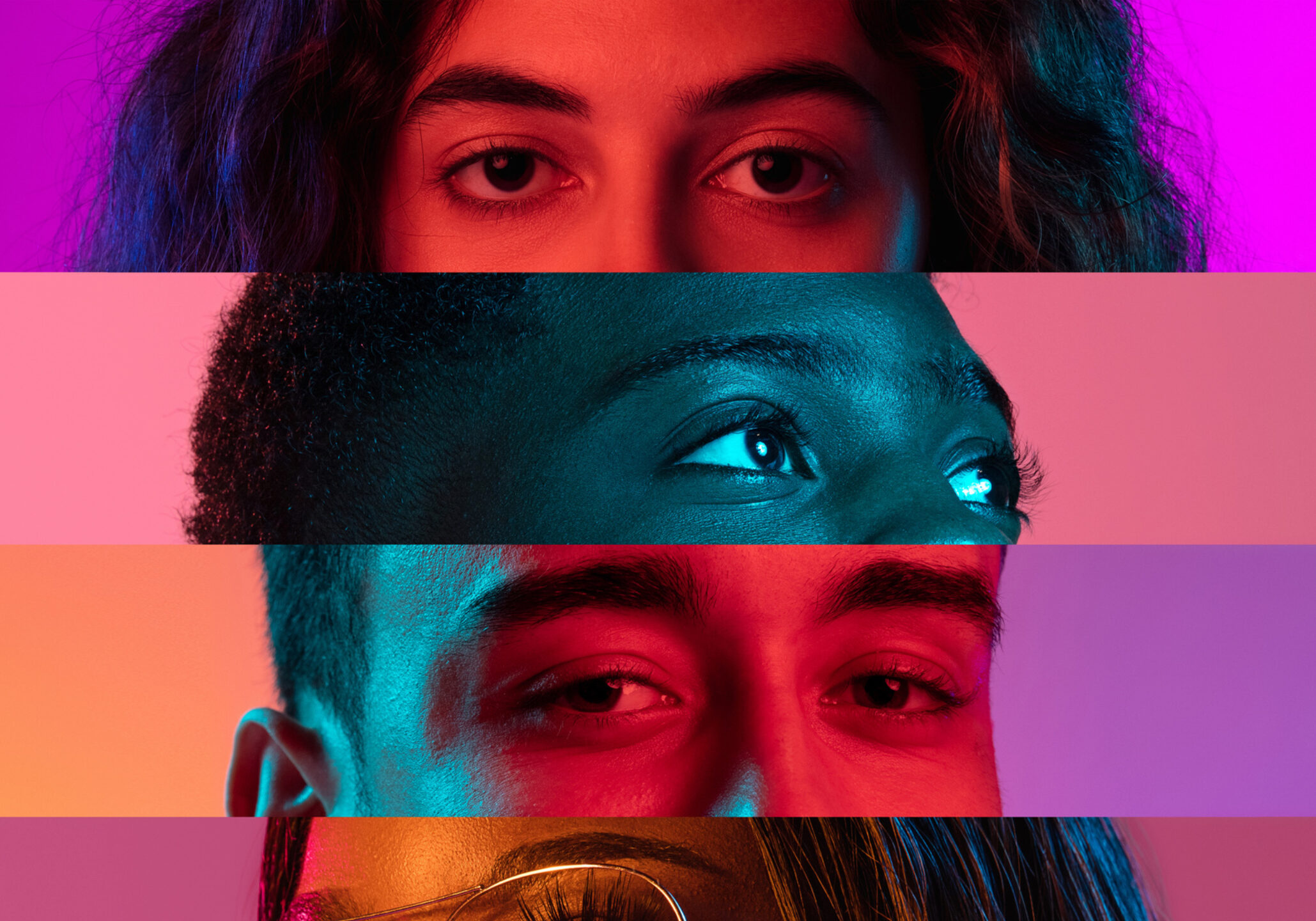A layer of colorful cutouts of eyes. It's time to collect the questions you have about youth and their ever-increasing role in the democratic process. Write to us. (Photo by Adobe Spark)