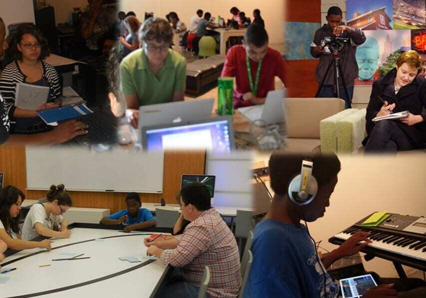 Collage of photos of students participating in KC Public Library's learning lab.