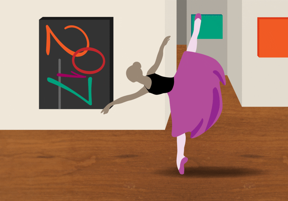 A ballerina touching a canvas that rads "2017."