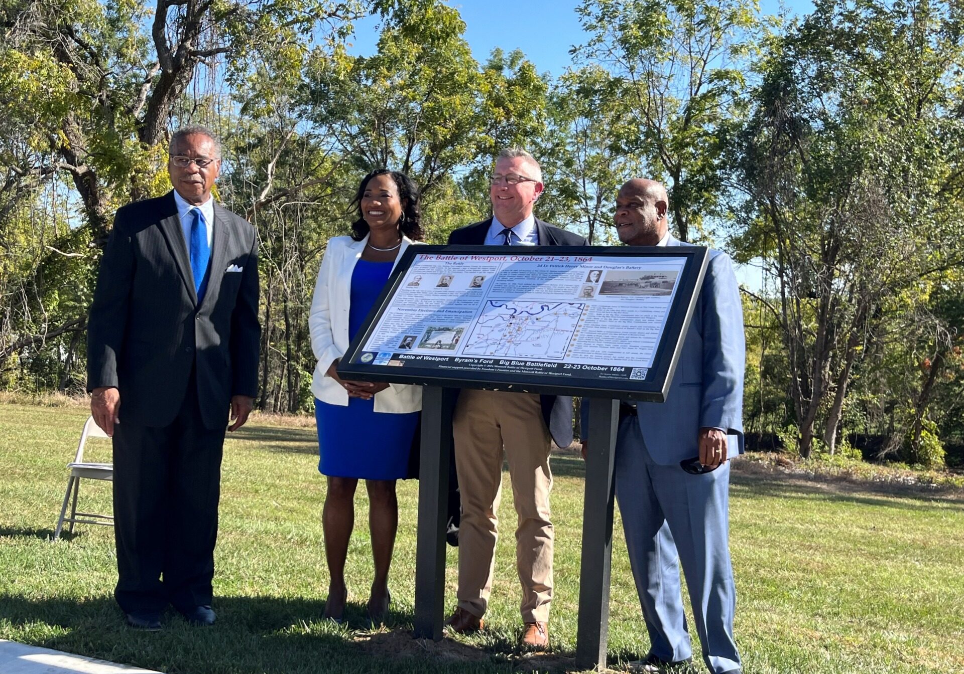 Among those dedicating new interpretation panels during an October 3 ceremony at the Byram’s Ford Battlefield near Swope Park were (from left) U.S. Rep. Emanuel Cleaver, Kansas City Mayor Pro Tem and Fifth District Council Member Ryana Parks-Shaw, Kansas City Parks and Recreation Director Chris Cotten, and Fifth District at Large City Council member Darrell Curls.
