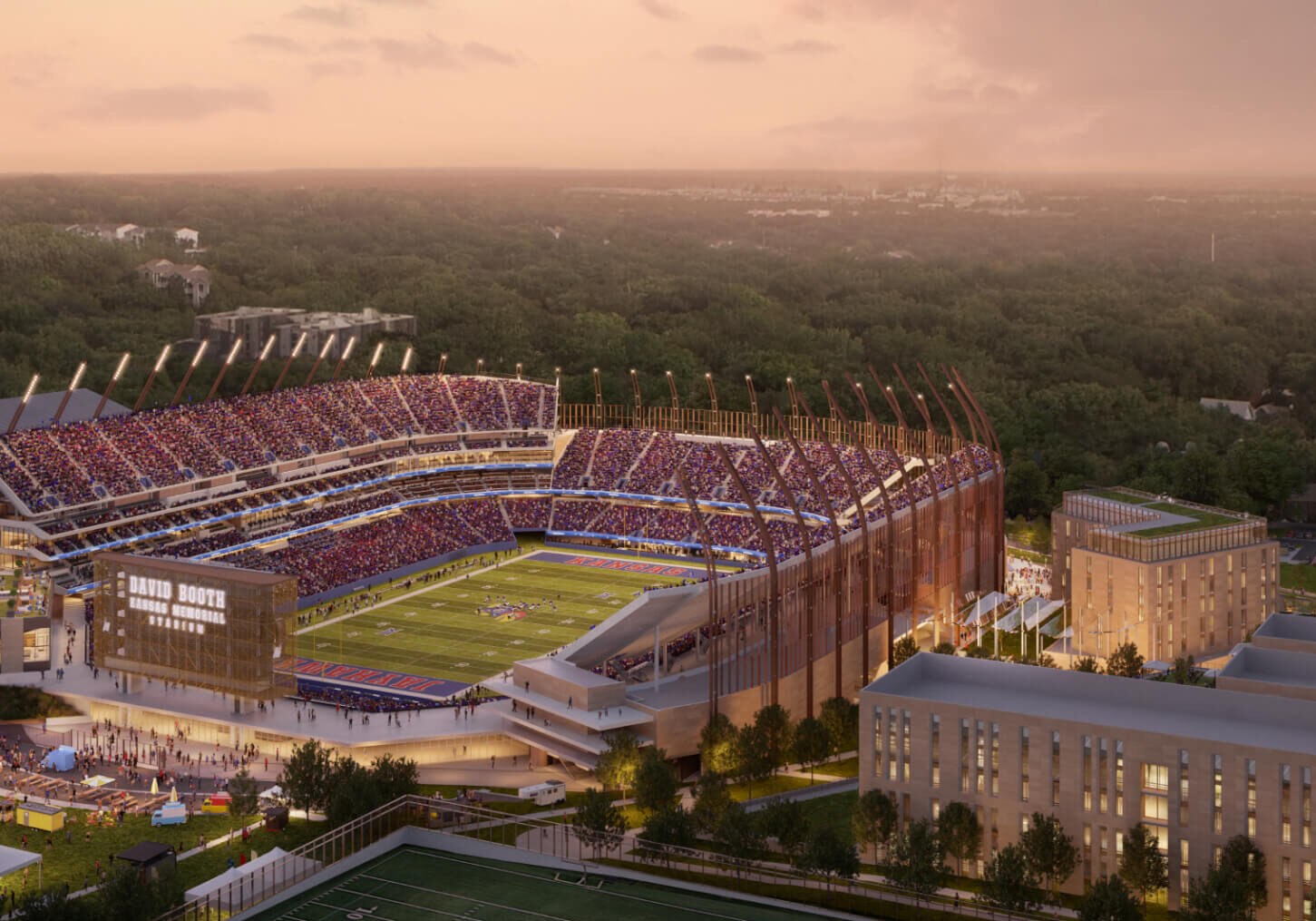 University of Kansas football fans will get their first look at the school's renovated stadium when the team takes on Fresno State on Saturday. Phase 1 overhauled the southwest, west and north sides of David Booth Kansas Memorial Stadium. KU will complete a second phase at a later date. (KU rendering)