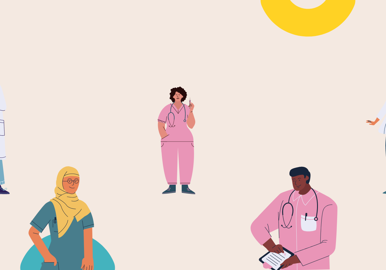 Colorful illustrations of nursing staff, physicians and other medical staff are scattered on a backdrop of multi-colored half circles.