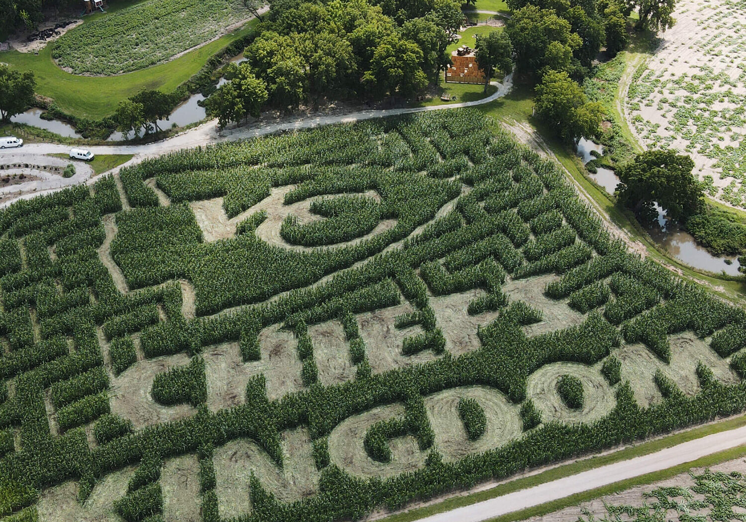 An aerial photo shows the Kansas City Chief's icon cut into a corn field with the words "Chiefs Kingdom"