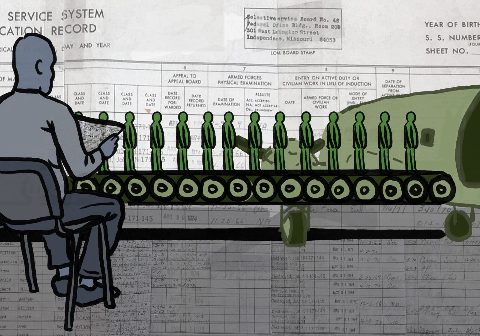 A man looking at a selective service document while soldiers load a military plane on a conveyer belt
