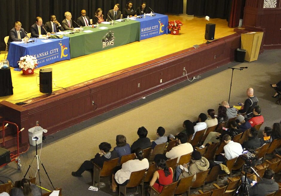 Kansas City mayoral candidates in the auditorium at East High School