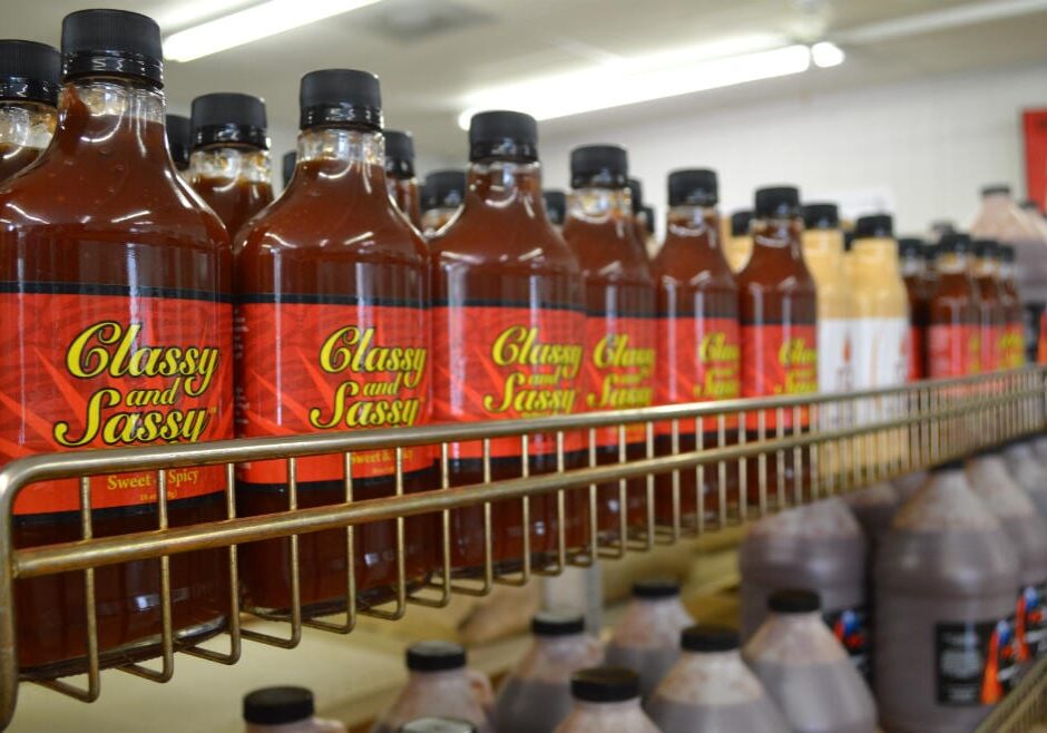 A shelf of barbecue sauces in the retail section of Flavor Trade, an incubator for KC food entrepreneurs. (Photo: Jonathan Bender)