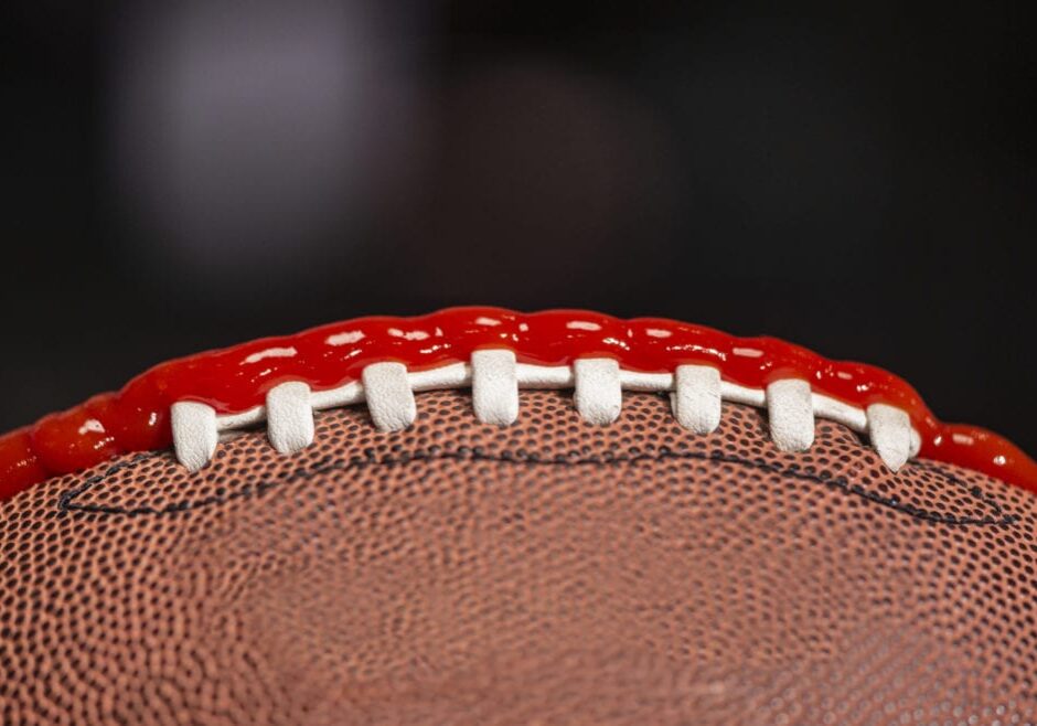 a football with ketchup on the laces