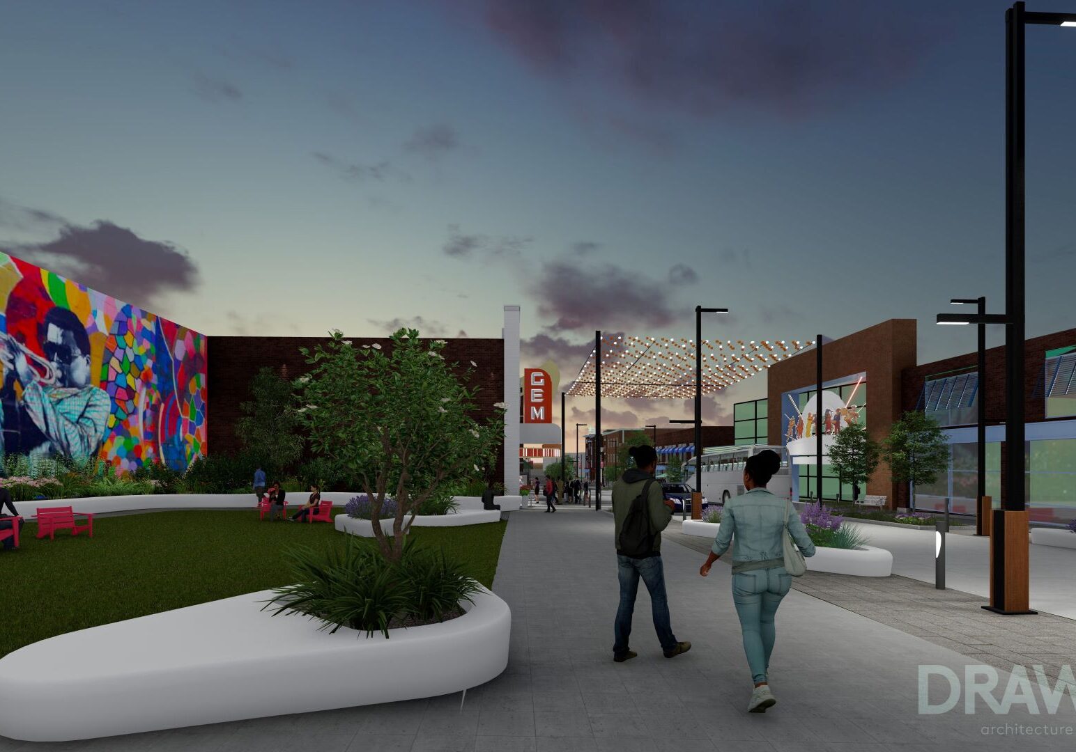 The new 18th and Vine Pedestrian District will remove curbs and smooth 18th Street to become a seamless corridor with wide sidewalks and two lanes of traffic.
