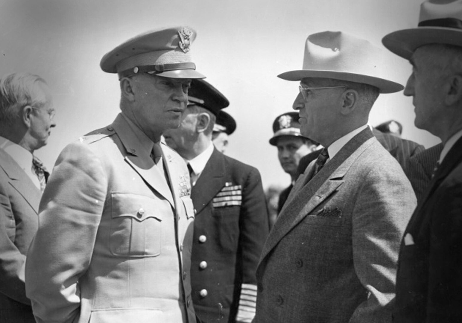 General Dwight Eisenhower with President Harry Truman at an airfield in Brussels, Belgium, en route to Potsdam on July 15, 1945. (Harry S. Truman Library & Museum)