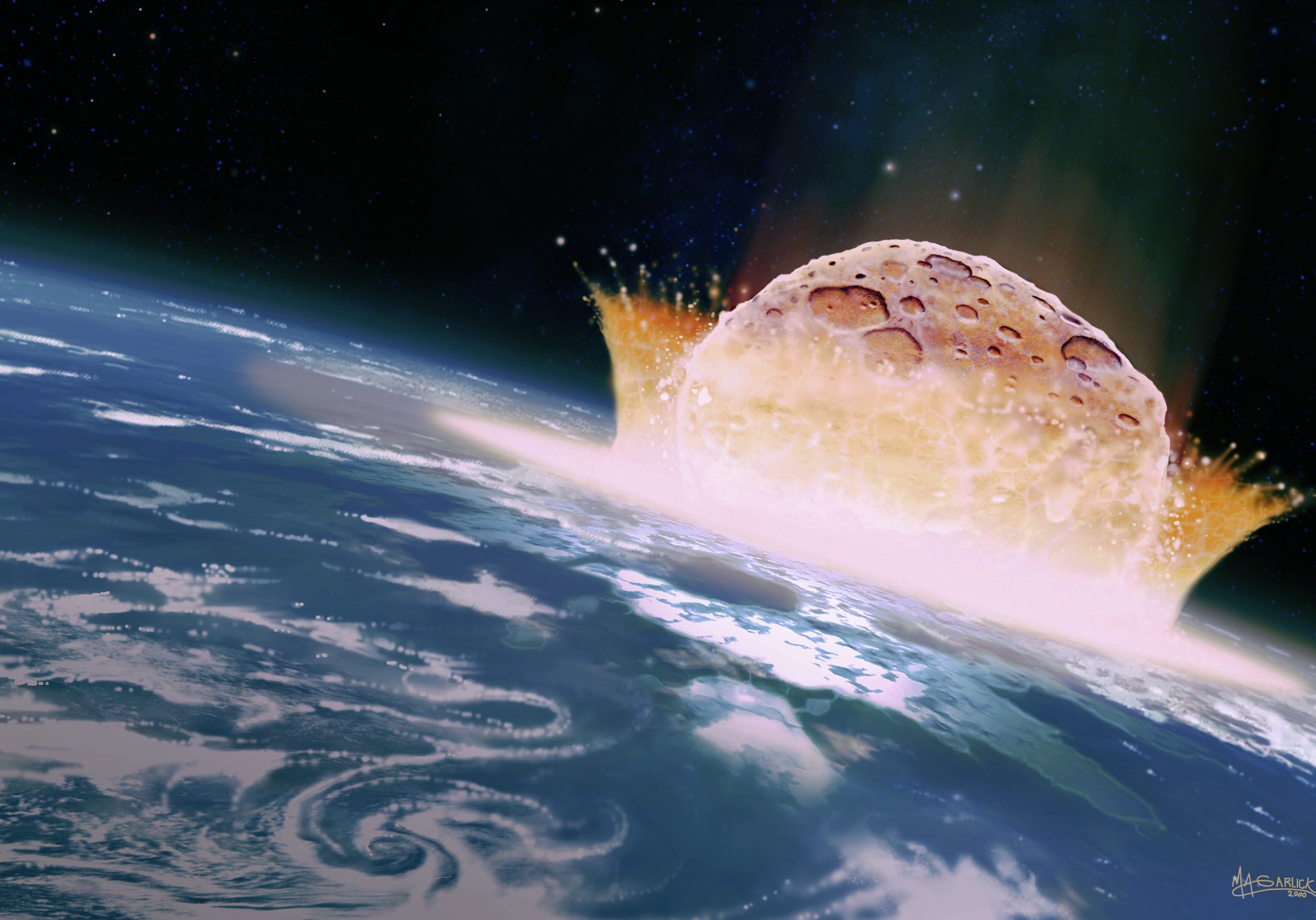 A computer illustration of a large asteroid colliding with Earth. (Size may not be to scale.) Such an impact is believed to have led to the death of the dinosaurs some 66 million years ago.