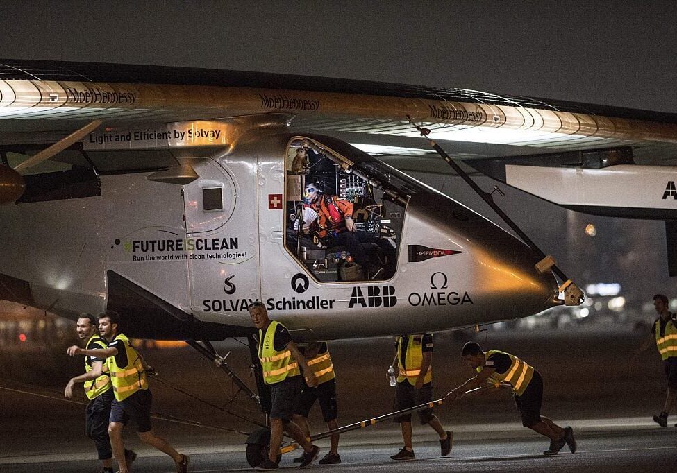 The Solar-powered Solar Impulse 2 aircraft prepares to take off from the Cairo International Airport in the Egyptian capital on Sunday as it heads to Abu Dhabi on the final leg of its world tour.
