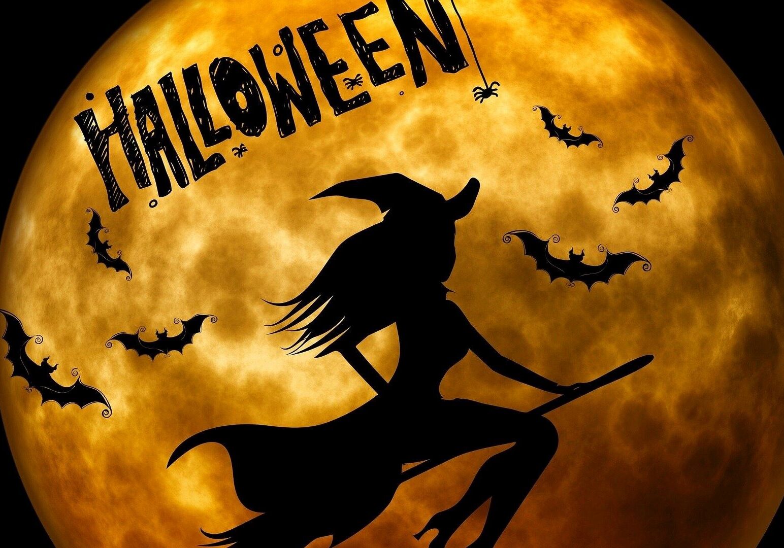Illustration of a witch flying on a broom with the moon in the background.