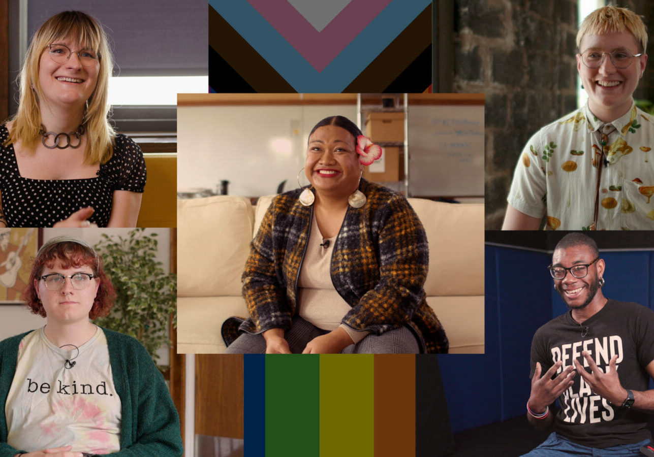 A collage of five people, with a transgender flag and a pride flag.