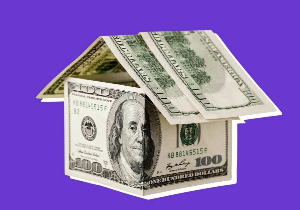 An illustration of a house made of money.