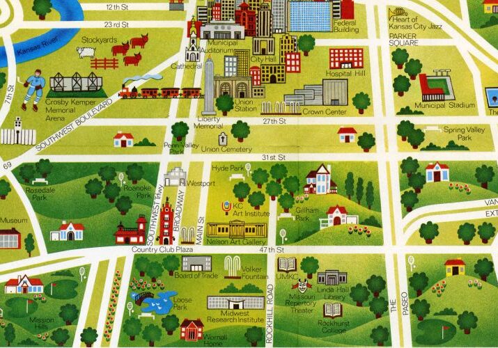 This 1973 Hallmark illustrative guide highlights a few of the city's key points and major districts of the time. (Missouri Valley Room Special Collections)